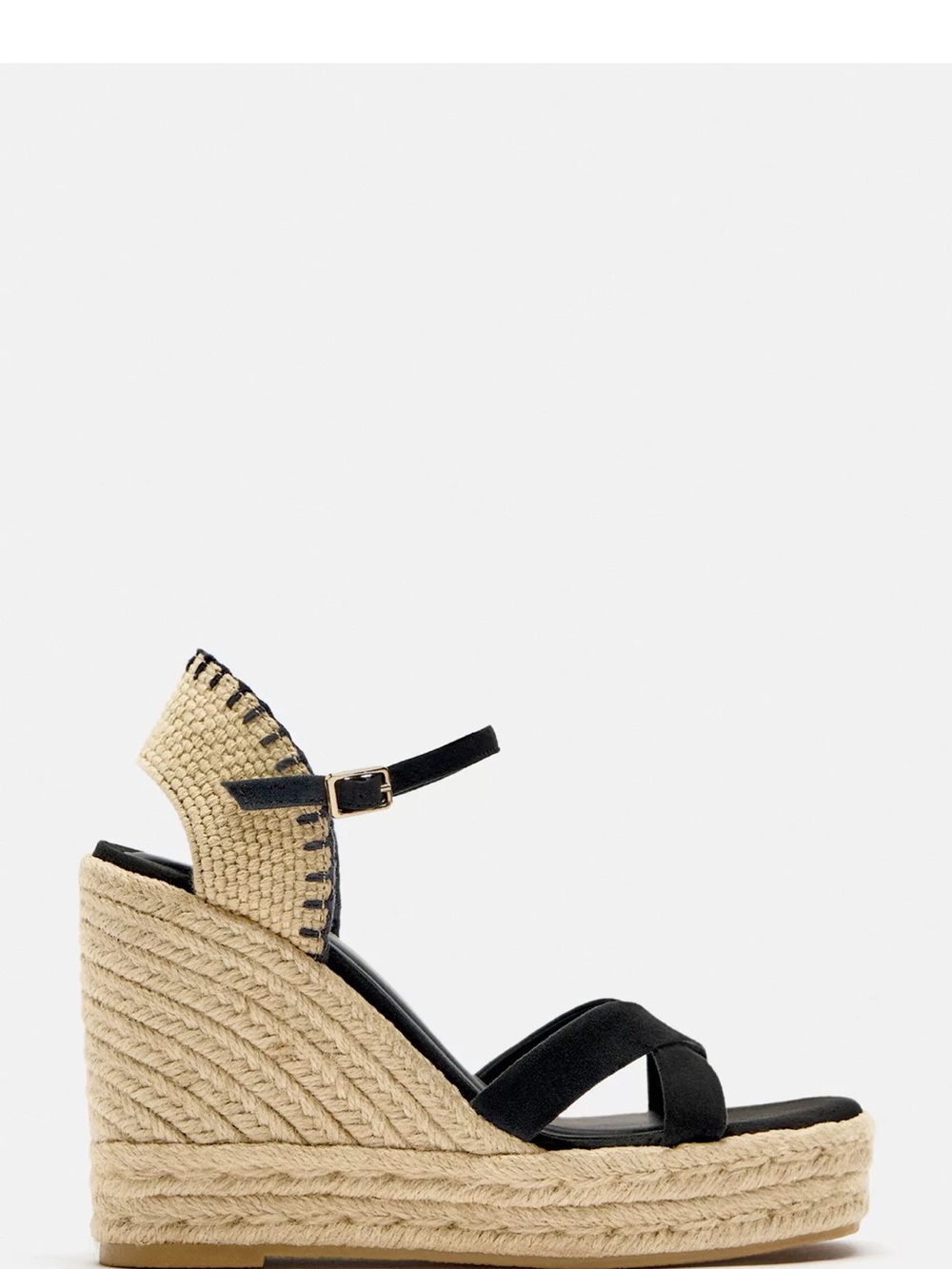 Zara Black and Natural Espadrille Wedge Sandals with Ankle Strap